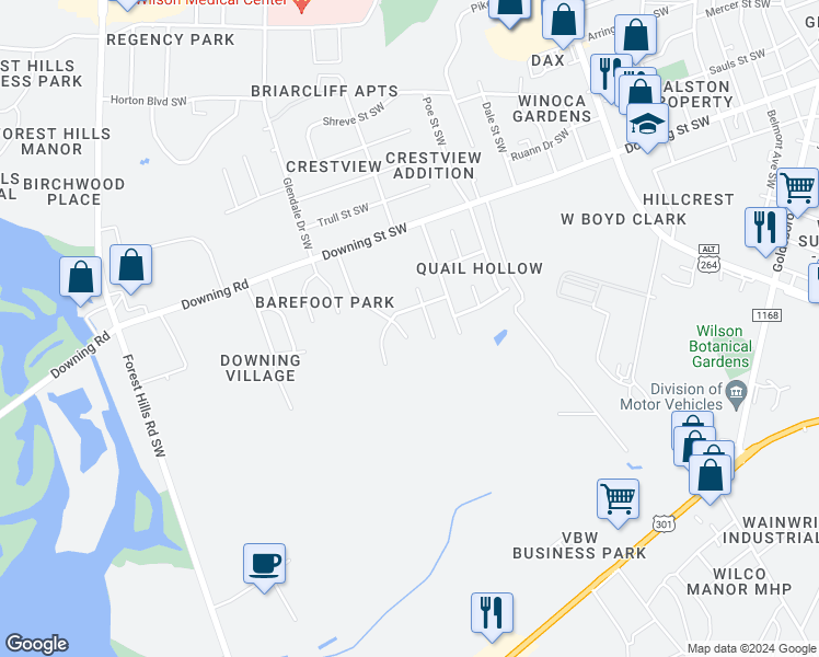 map of restaurants, bars, coffee shops, grocery stores, and more near 2207 Cockran Street Southwest in Wilson