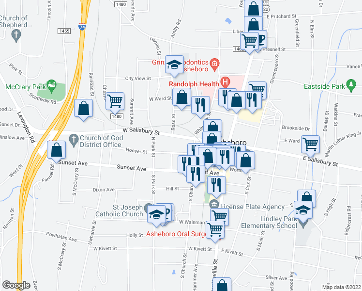 map of restaurants, bars, coffee shops, grocery stores, and more near 347 West Salisbury Street in Asheboro