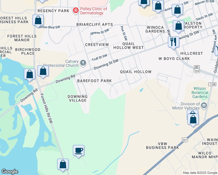 map of restaurants, bars, coffee shops, grocery stores, and more near 2208 Smallwood Street Southwest in Wilson