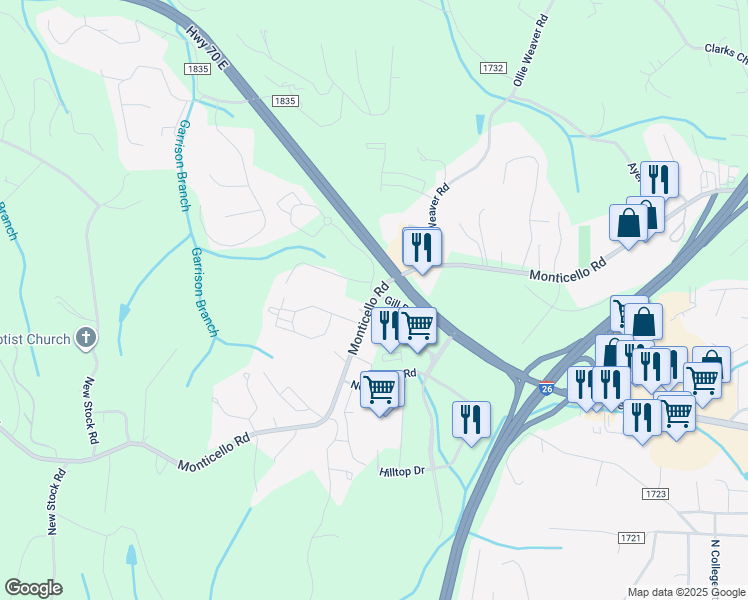 map of restaurants, bars, coffee shops, grocery stores, and more near 128 Monticello Road in Weaverville