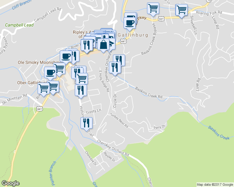 map of restaurants, bars, coffee shops, grocery stores, and more near 309 Hughes Road in Gatlinburg