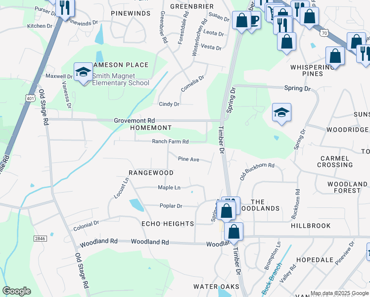 map of restaurants, bars, coffee shops, grocery stores, and more near 327 Ranch Farm Road in Raleigh
