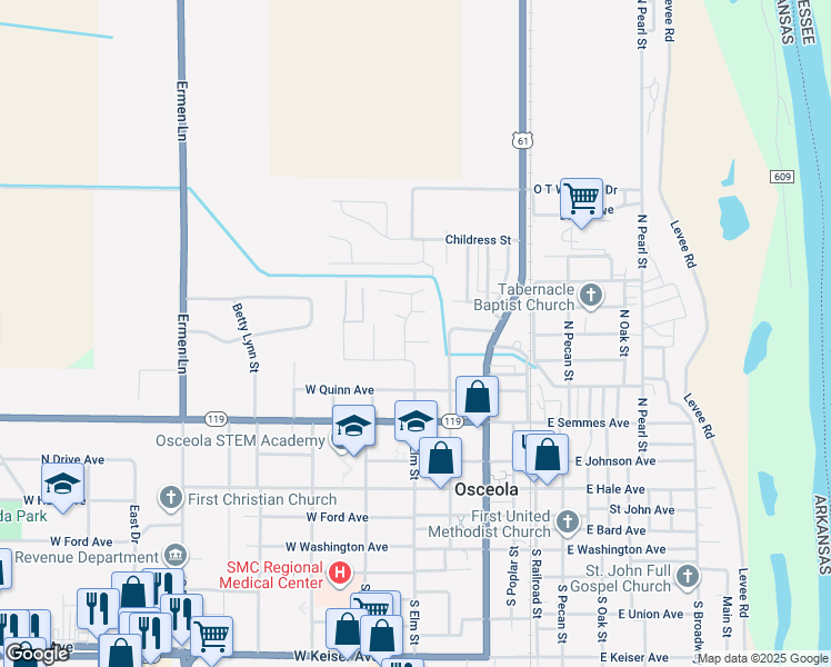 map of restaurants, bars, coffee shops, grocery stores, and more near 405 Elm Circle in Osceola