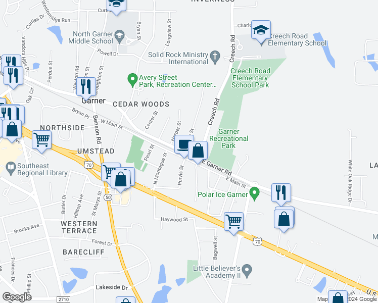 map of restaurants, bars, coffee shops, grocery stores, and more near 108 West Garner Road in Garner