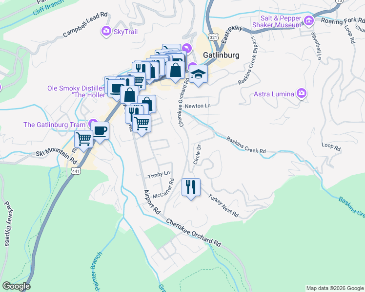 map of restaurants, bars, coffee shops, grocery stores, and more near 368 East Holly Ridge Road in Gatlinburg