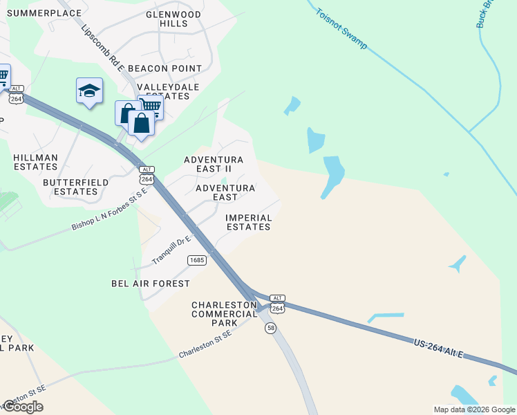 map of restaurants, bars, coffee shops, grocery stores, and more near 2221 Imperial Avenue East in Wilson