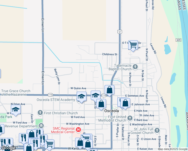 map of restaurants, bars, coffee shops, grocery stores, and more near 405 Elm Circle in Osceola