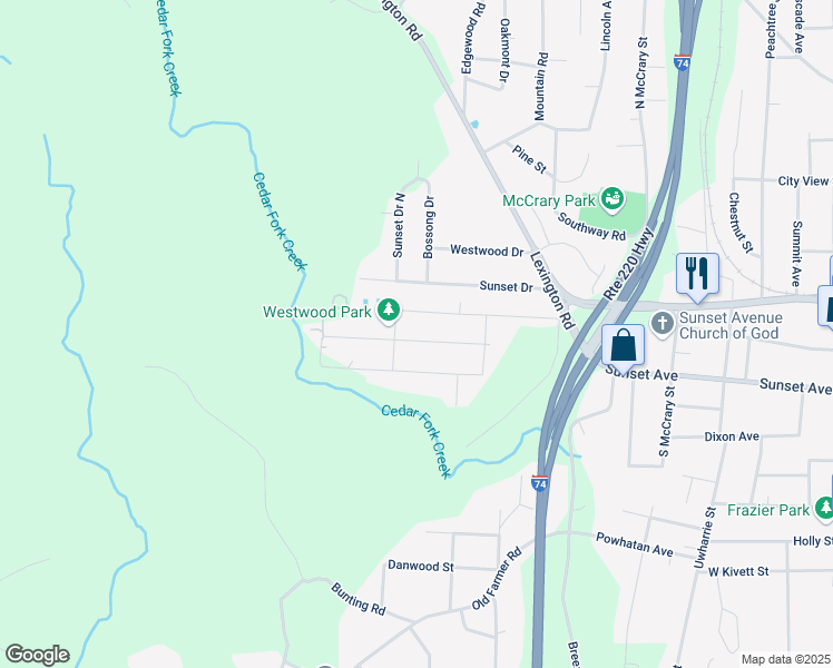map of restaurants, bars, coffee shops, grocery stores, and more near 1440 Sunset Avenue in Asheboro