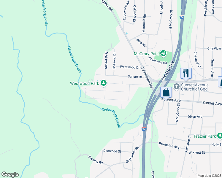 map of restaurants, bars, coffee shops, grocery stores, and more near 1455 Sunset Avenue in Asheboro