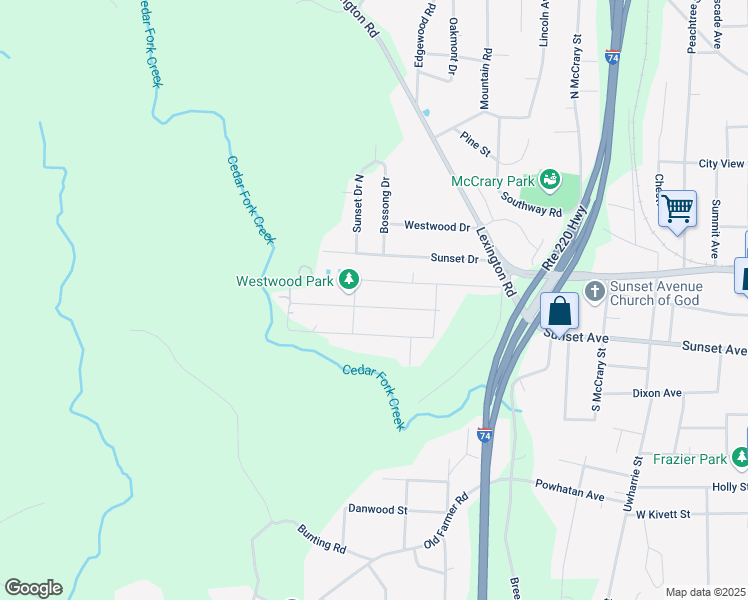 map of restaurants, bars, coffee shops, grocery stores, and more near 1440 Sunset Avenue in Asheboro