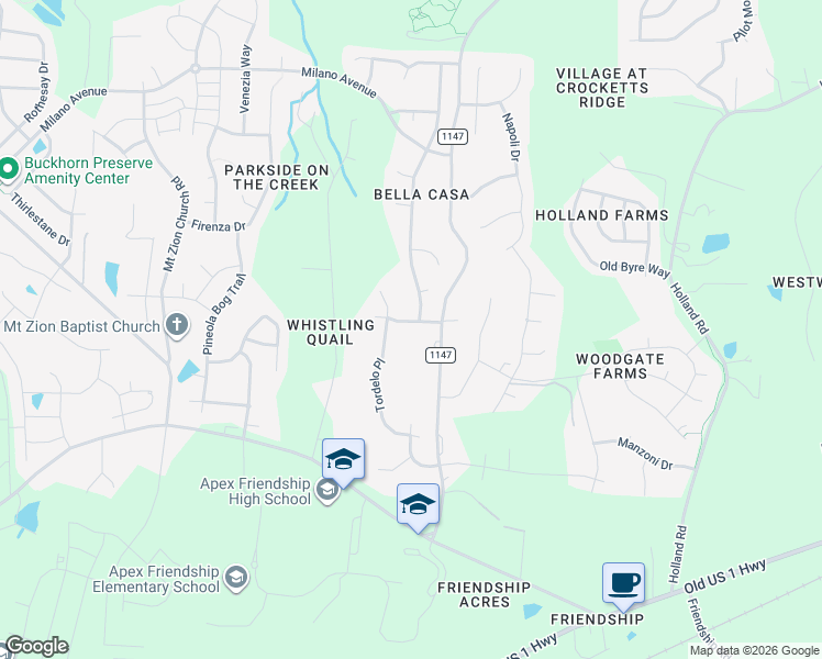 map of restaurants, bars, coffee shops, grocery stores, and more near 2527 Grouse Trail in Apex