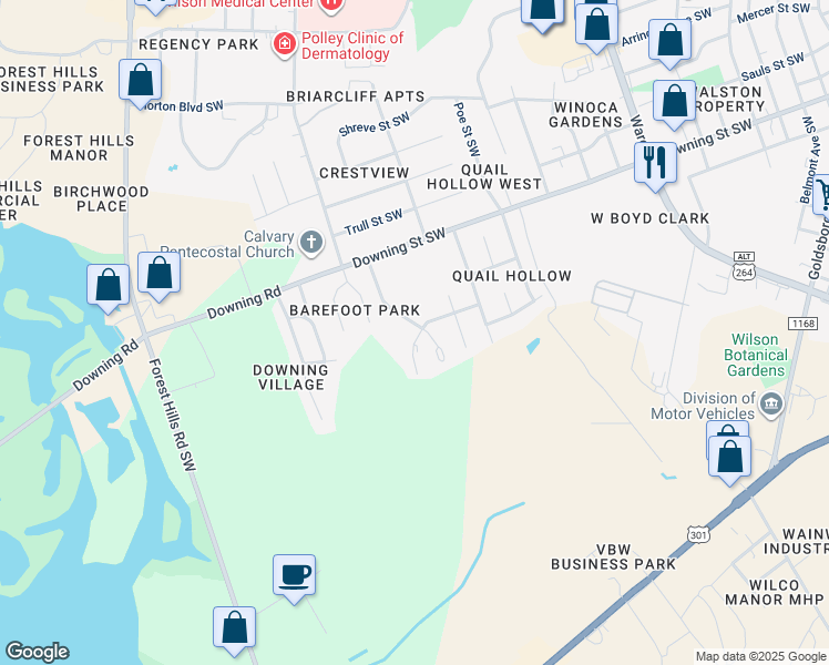map of restaurants, bars, coffee shops, grocery stores, and more near 2208 Smallwood Street Southwest in Wilson