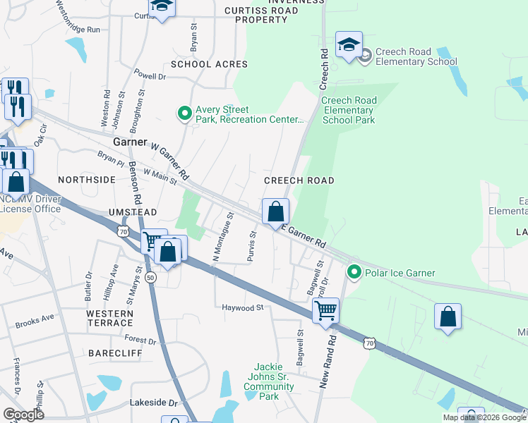 map of restaurants, bars, coffee shops, grocery stores, and more near 104 Rand Mill Road in Garner