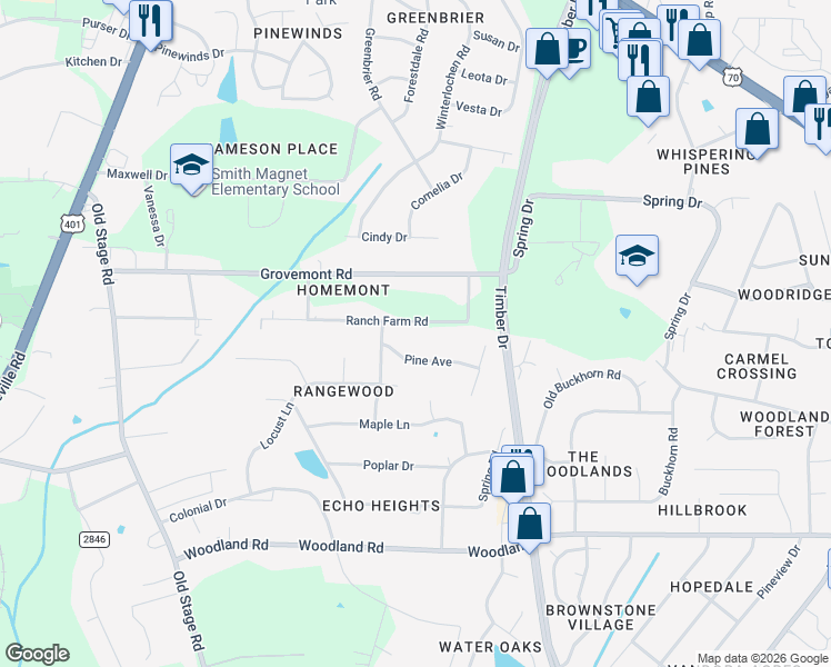 map of restaurants, bars, coffee shops, grocery stores, and more near 327 Ranch Farm Road in Raleigh