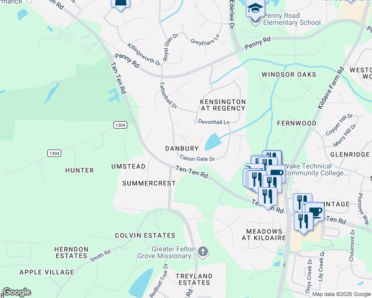 map of restaurants, bars, coffee shops, grocery stores, and more near 103 Bittercress Court in Cary