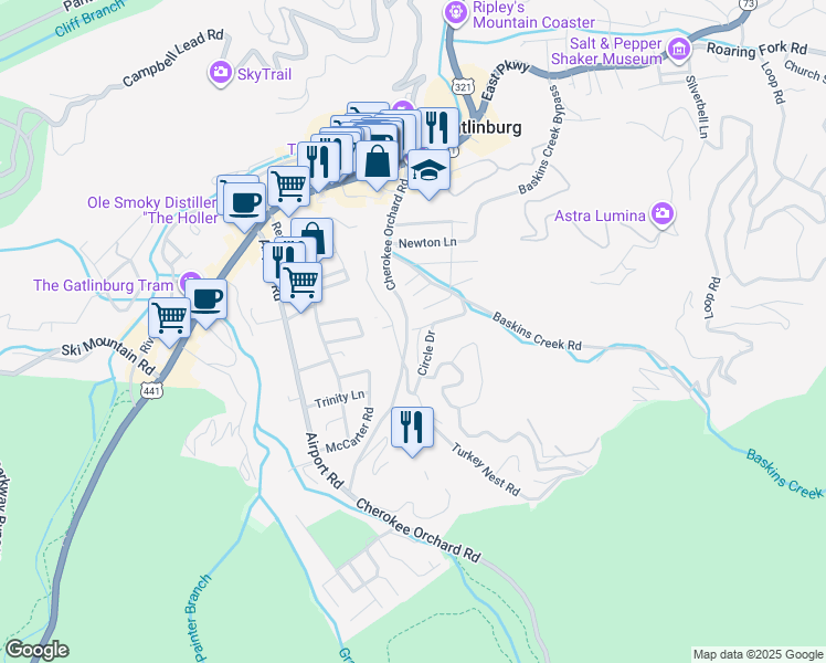 map of restaurants, bars, coffee shops, grocery stores, and more near 309 Hughes Road in Gatlinburg