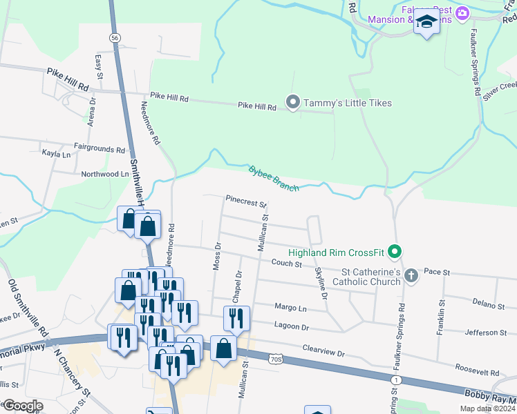 map of restaurants, bars, coffee shops, grocery stores, and more near 803 Mullican Street in McMinnville