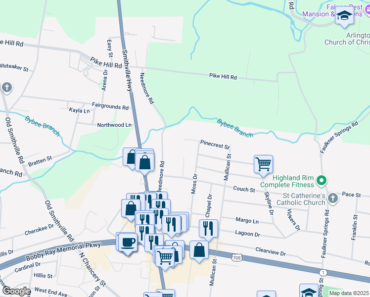 map of restaurants, bars, coffee shops, grocery stores, and more near 408 Needmore Road in McMinnville