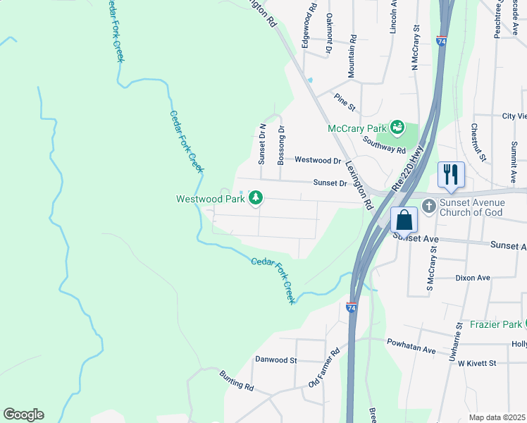 map of restaurants, bars, coffee shops, grocery stores, and more near 1455 Sunset Avenue in Asheboro