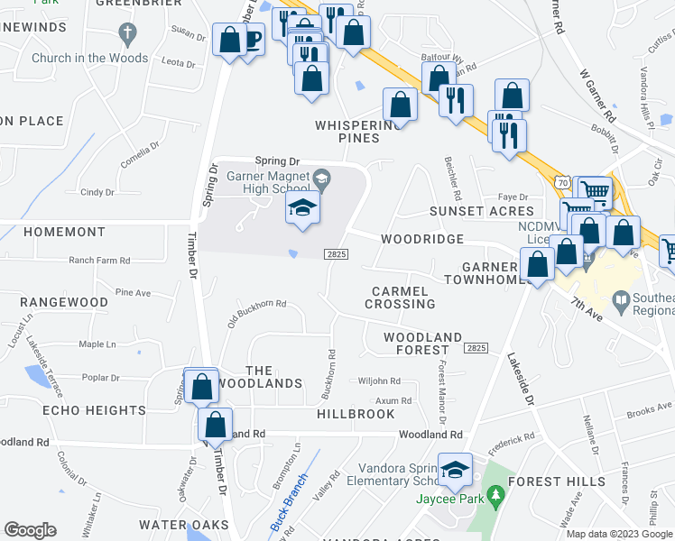 map of restaurants, bars, coffee shops, grocery stores, and more near 1840 Spring Drive in Garner