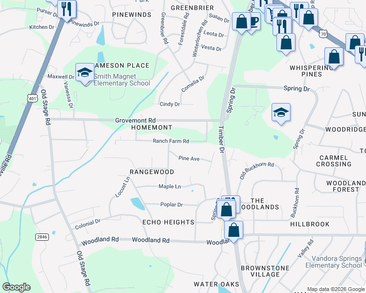map of restaurants, bars, coffee shops, grocery stores, and more near 327 Ranch Farm Road in Raleigh