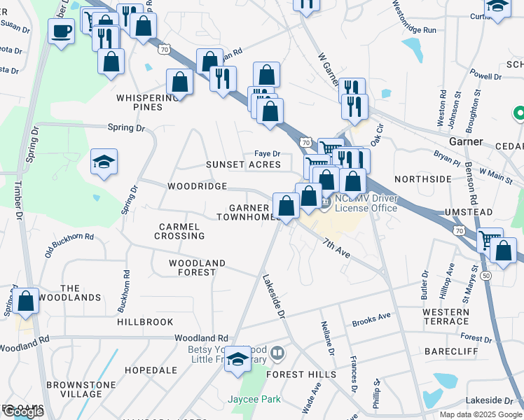 map of restaurants, bars, coffee shops, grocery stores, and more near 506 Garner Townes Lane in Garner