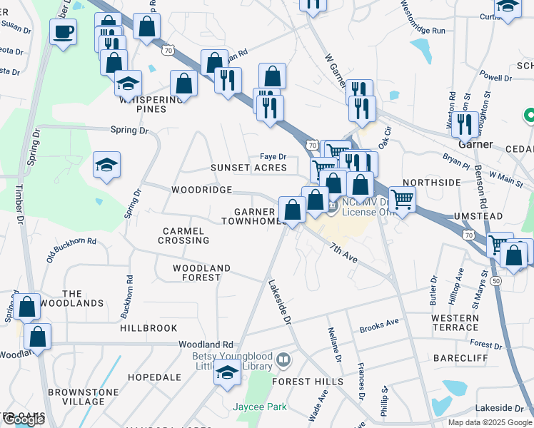 map of restaurants, bars, coffee shops, grocery stores, and more near 506 Garner Townes Lane in Garner