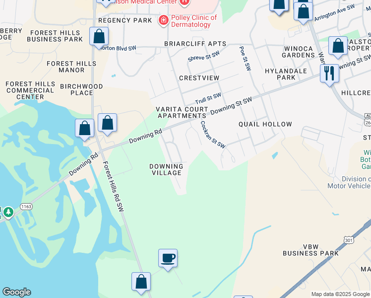 map of restaurants, bars, coffee shops, grocery stores, and more near 2519 Crystal Drive Southeast in Wilson
