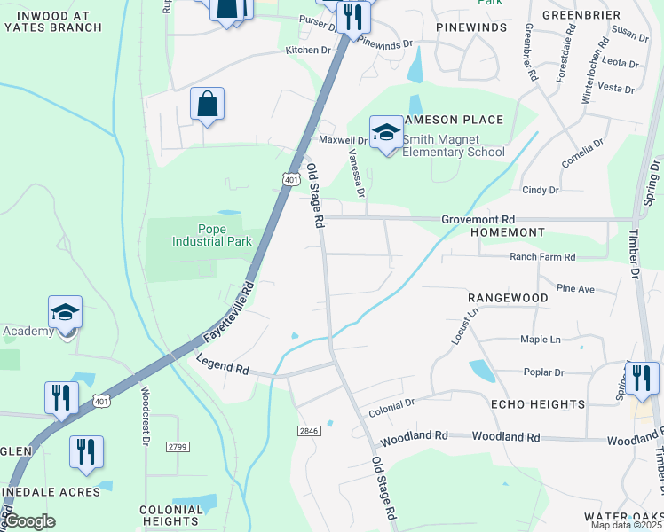 map of restaurants, bars, coffee shops, grocery stores, and more near 5209 Old Stage Road in Raleigh