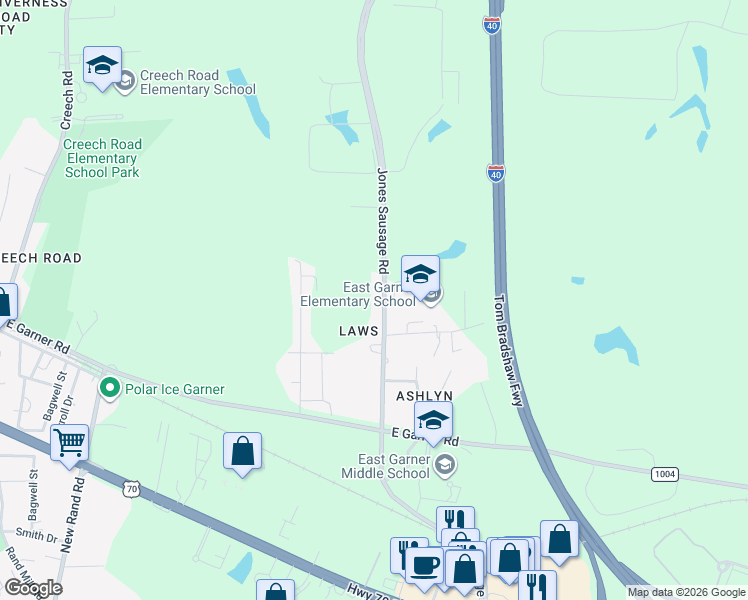 map of restaurants, bars, coffee shops, grocery stores, and more near 5622 Jones Sausage Road in Garner