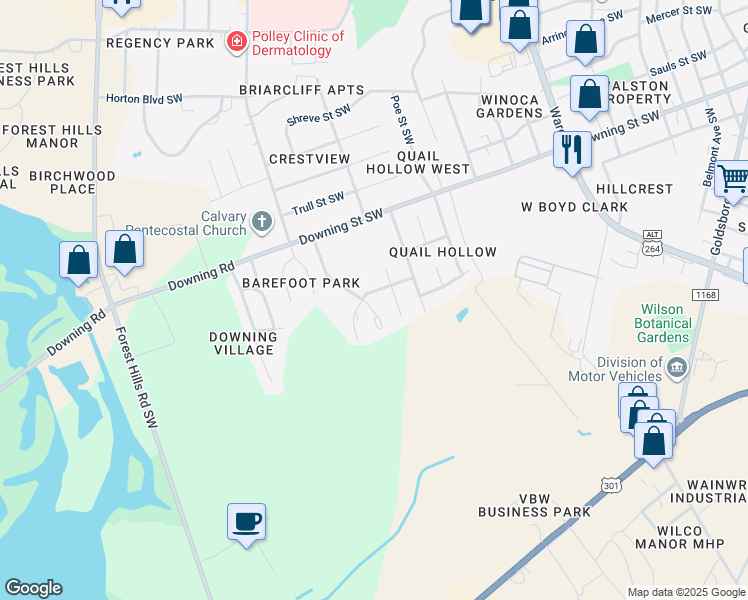 map of restaurants, bars, coffee shops, grocery stores, and more near 2209 Cockran Street Southwest in Wilson