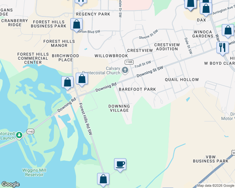 map of restaurants, bars, coffee shops, grocery stores, and more near 2424 Winding Creek Drive Southwest in Wilson