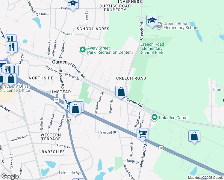 map of restaurants, bars, coffee shops, grocery stores, and more near 200 West Garner Road in Garner