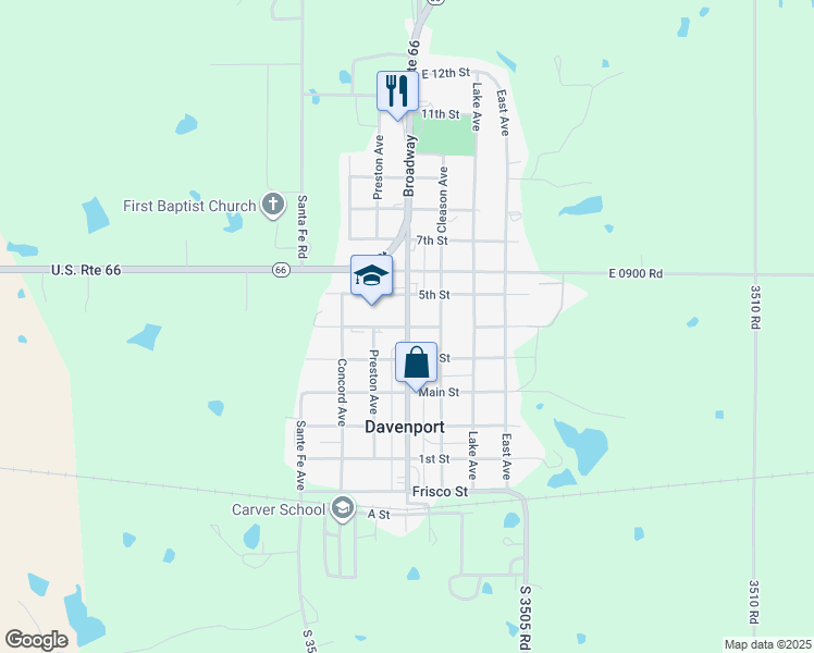 map of restaurants, bars, coffee shops, grocery stores, and more near Broadway in Davenport