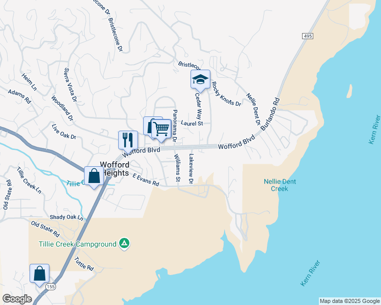map of restaurants, bars, coffee shops, grocery stores, and more near 33 Williams Street in Wofford Heights