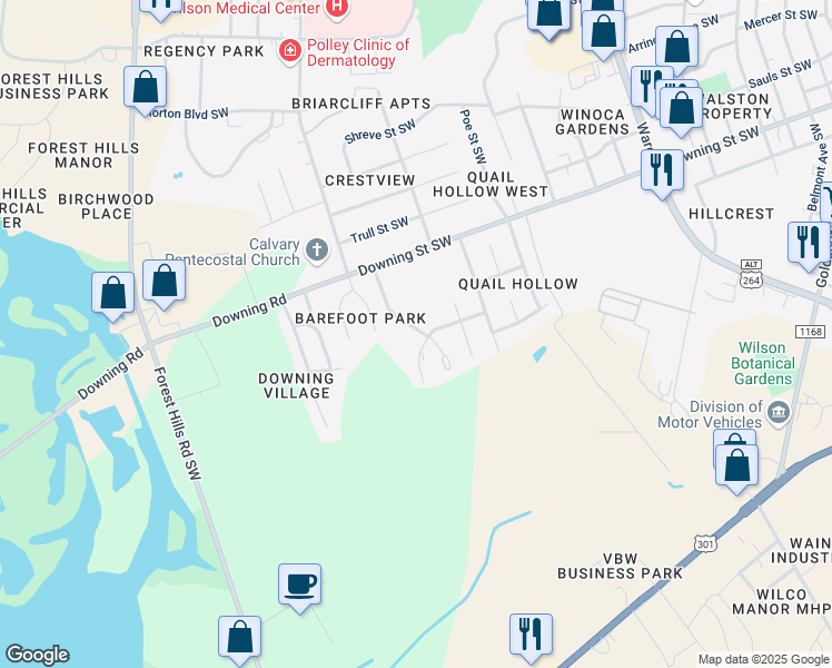 map of restaurants, bars, coffee shops, grocery stores, and more near 2208 Smallwood Street Southwest in Wilson
