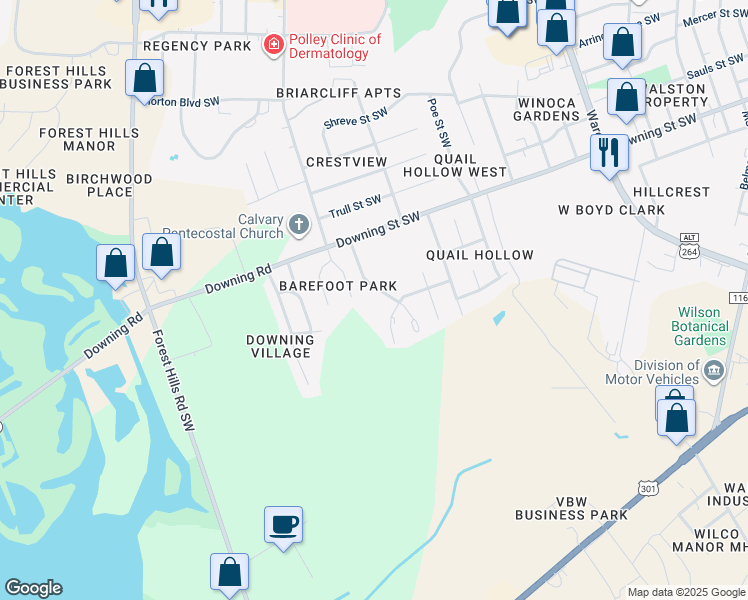 map of restaurants, bars, coffee shops, grocery stores, and more near 2208 Smallwood Street Southwest in Wilson