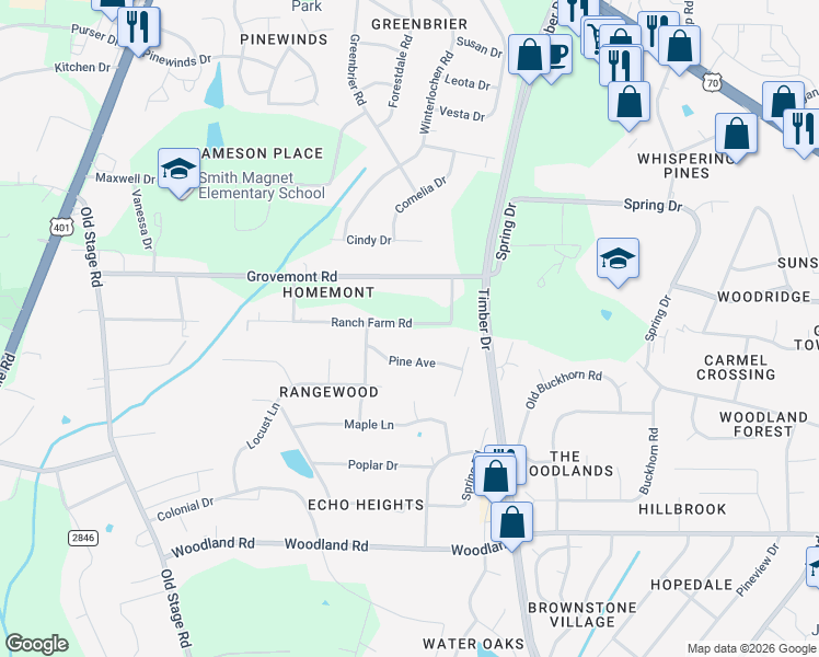 map of restaurants, bars, coffee shops, grocery stores, and more near 327 Ranch Farm Road in Raleigh