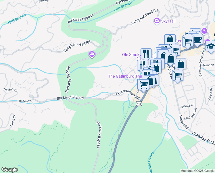 map of restaurants, bars, coffee shops, grocery stores, and more near 453 Winfield Heights Road in Gatlinburg