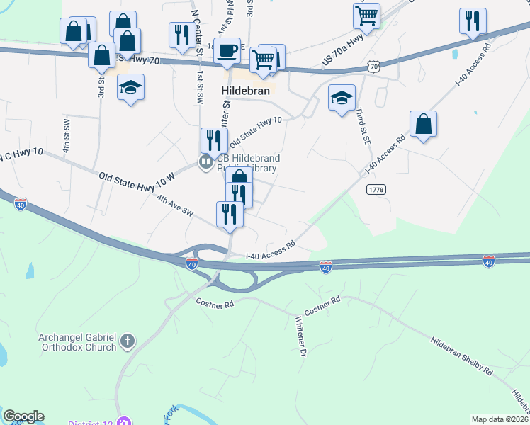 map of restaurants, bars, coffee shops, grocery stores, and more near 1st St SE in Hildebran