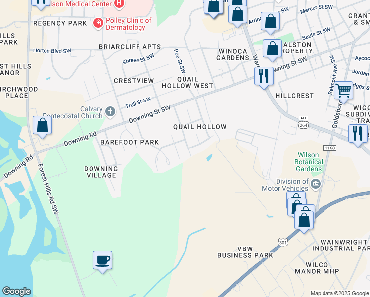 map of restaurants, bars, coffee shops, grocery stores, and more near 2218 Cameron Road Southwest in Wilson