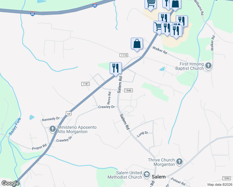 map of restaurants, bars, coffee shops, grocery stores, and more near 207 Nova Road in Morganton