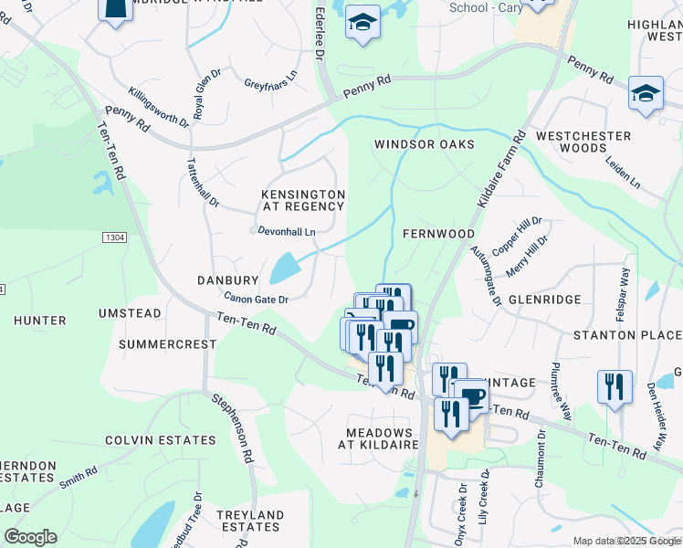 map of restaurants, bars, coffee shops, grocery stores, and more near 109 Darby Gale Drive in Cary