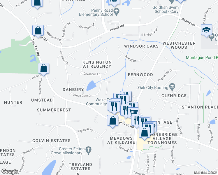 map of restaurants, bars, coffee shops, grocery stores, and more near 109 Darby Gale Drive in Cary
