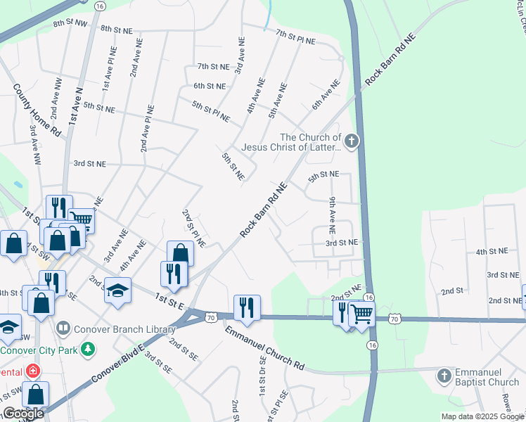 map of restaurants, bars, coffee shops, grocery stores, and more near 407 7th Avenue Northeast in Conover
