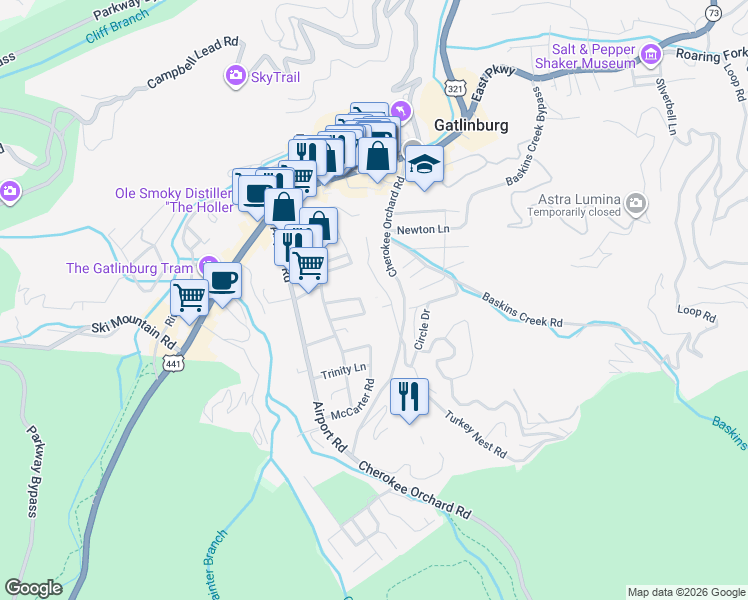 map of restaurants, bars, coffee shops, grocery stores, and more near 368 East Holly Ridge Road in Gatlinburg