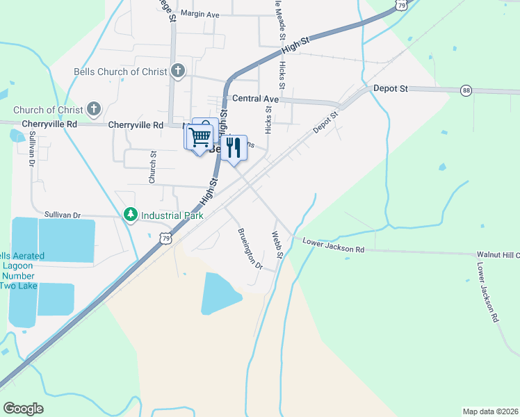 map of restaurants, bars, coffee shops, grocery stores, and more near 276 Main Street in Bells