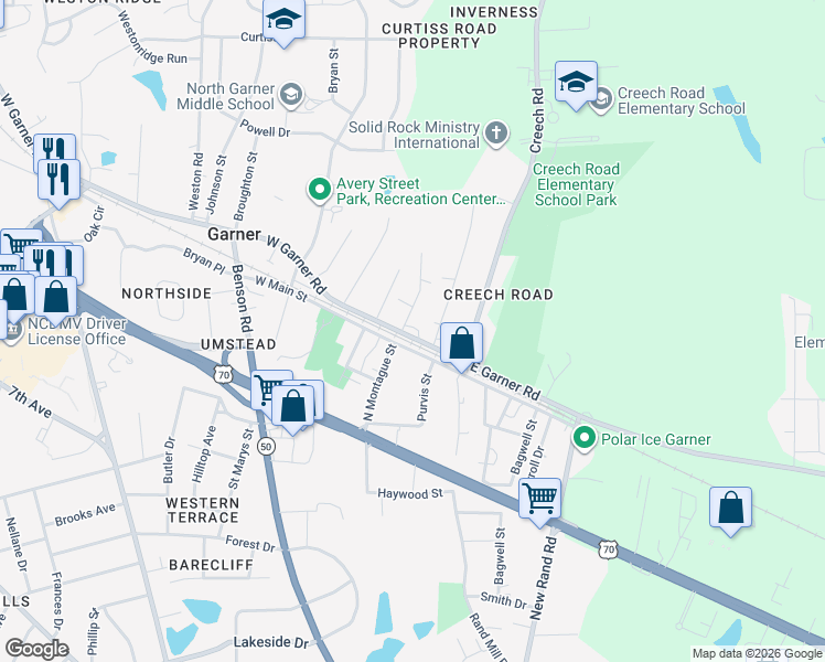 map of restaurants, bars, coffee shops, grocery stores, and more near 217 West Main Street in Garner
