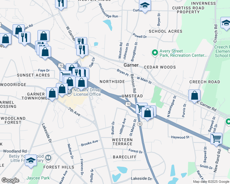 map of restaurants, bars, coffee shops, grocery stores, and more near 258 Dullis Circle in Garner