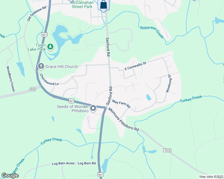 map of restaurants, bars, coffee shops, grocery stores, and more near 901 Sanford Road in Pittsboro